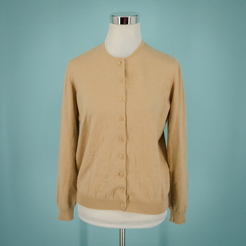 Rodier 40 Size 8 US Tan Beige Button Front Crew Neck Long Sleeve Wool Cardigan